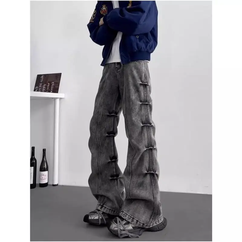 

American hip-hop retro personality straight leg men and women pleated washed jeans for couples loose retro Harajuku casual pants