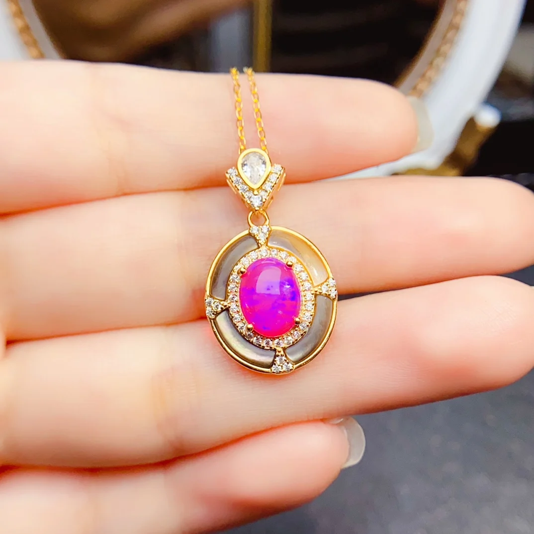 Oval Pink Opal Engagement Pendant Natural Cabochon Cut Opal Pendant Necklace in 925 Sterling Silver Pink Opal Pendant For Gift