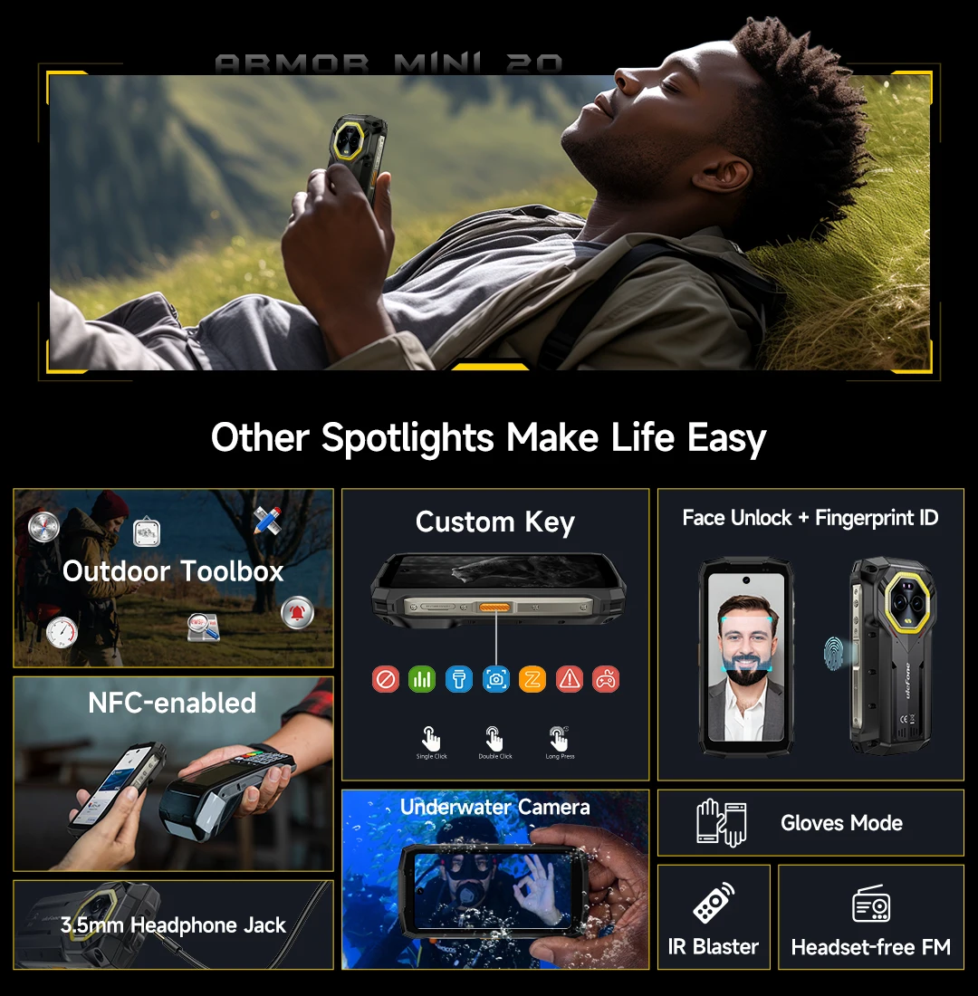 Ulefone Armor Mini 20 4G 4.7" Rugged Phone 64MP Night Camera Android 14 Smartphone 6200mAh Mobile Phone NFC 16GB+256GB 33W G99