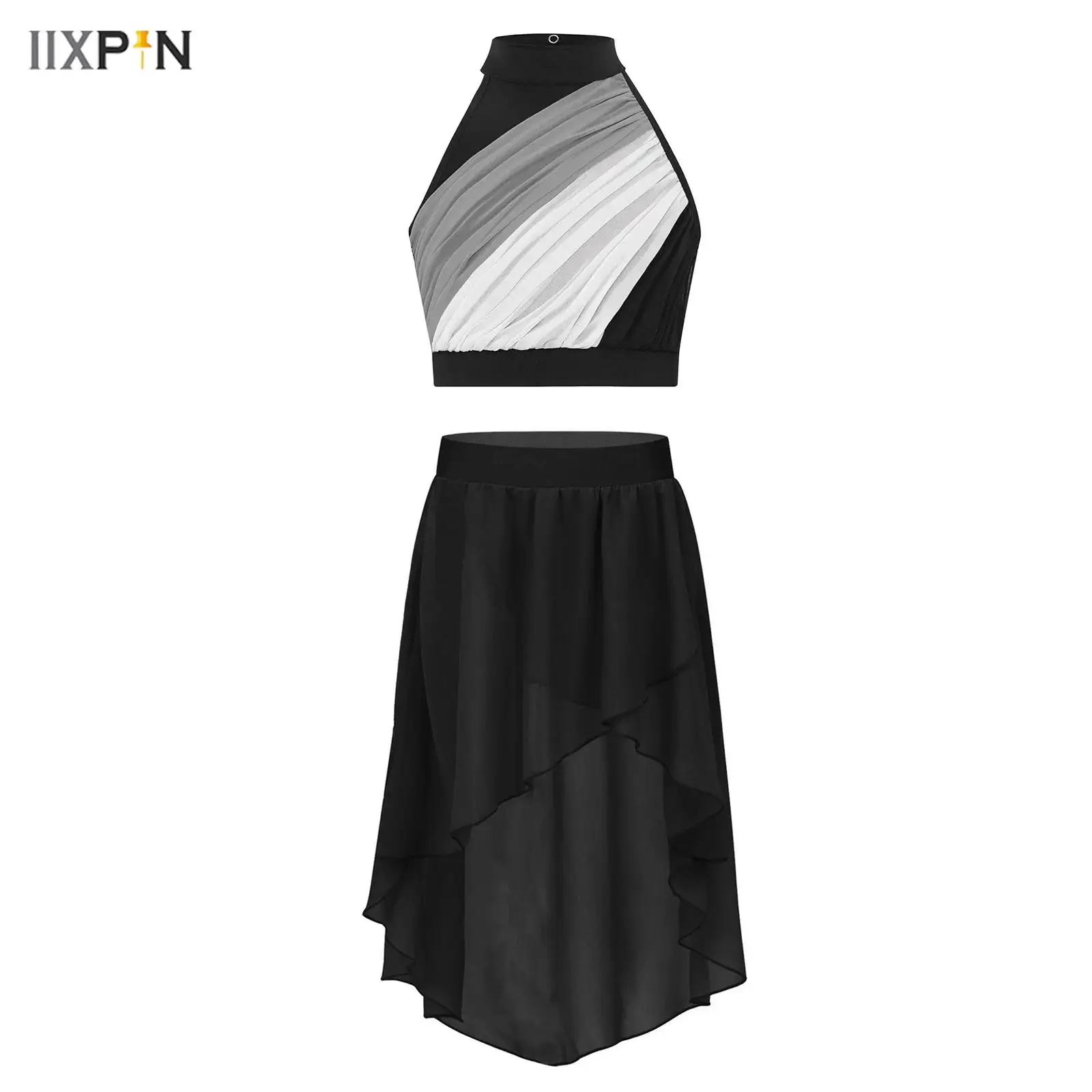 

Kids Girls Lyrical Dance Dress Sleeveless Color Block Ruched Front Crop Top+Skirt Set for Ballet Jazz Dance Practice Performance