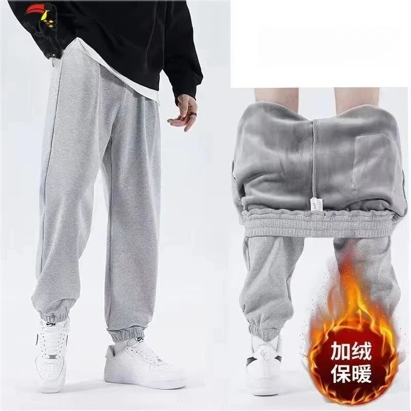

Men's 2025 autumn and winter new trendy versatile knitted thickened velvet warm casual long trousers running guard pants