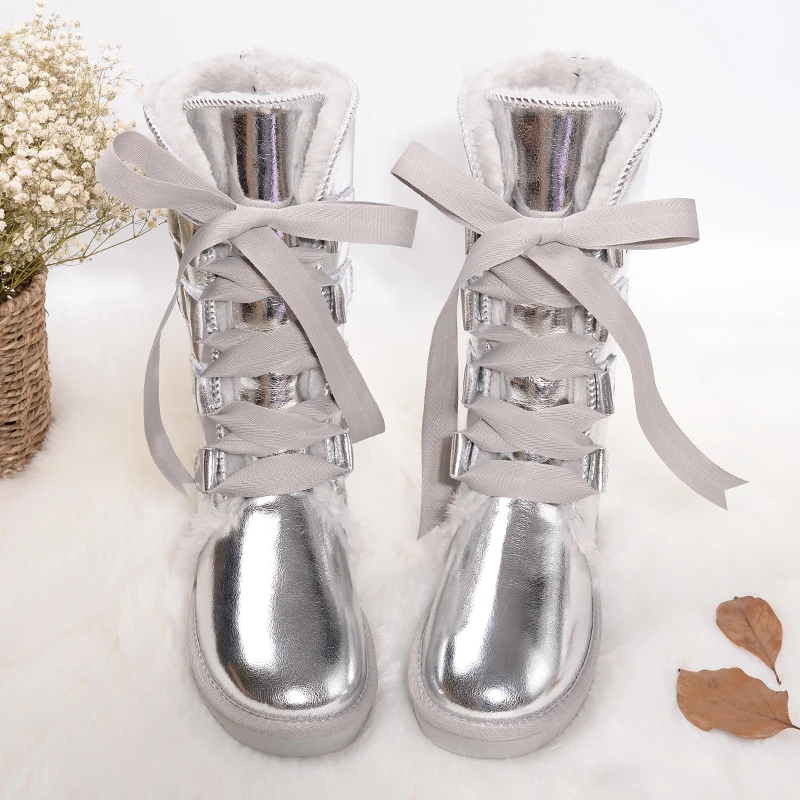 

Winter Boots Women Thick Artificial Wool Snow Boots Top Quality Genuine Leather Shoes Woman Non-slip Lace Warm Boots Plus Size