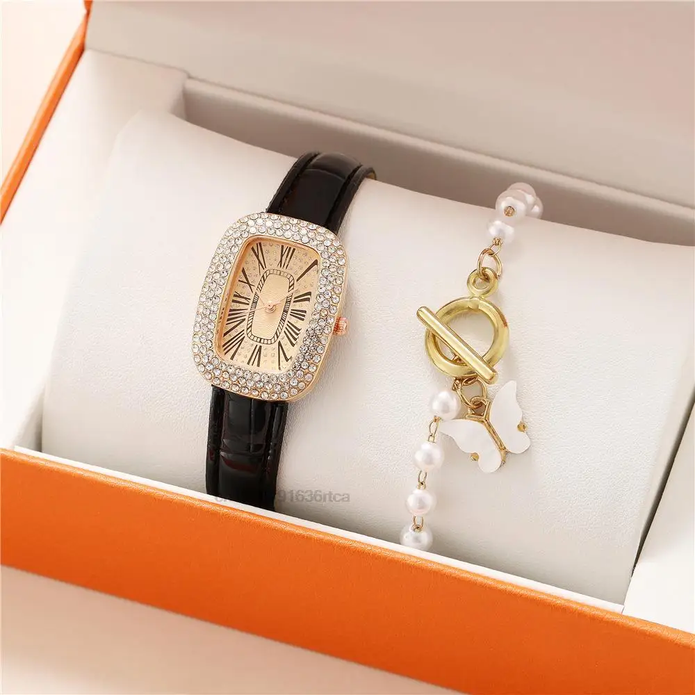 Women\'s Fashion Full drill Gypsophila Quartz Watches Pigeon Egg design Ladies Watch Luxury Bamboo Stripe Leather Strap Clock