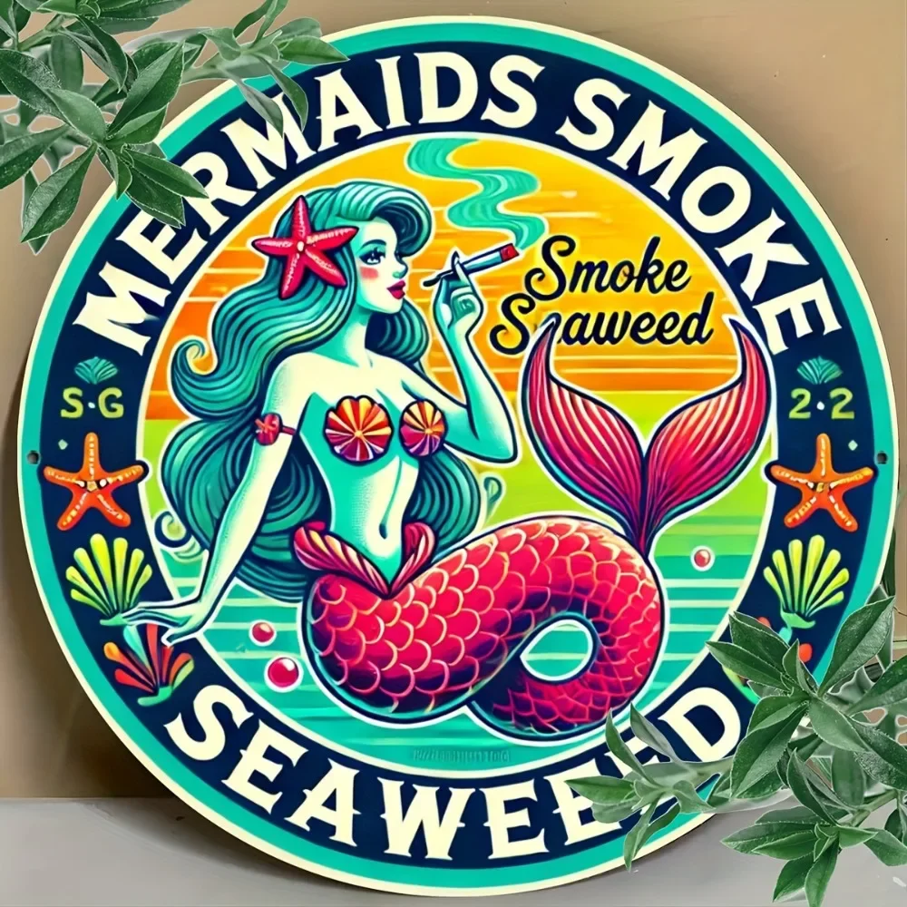 Vintage Mermaid Seaweed Smoke Aluminum Wall Art Colorful Nautical Decor with Coral Reef Sea Creatures Theme Home Decor