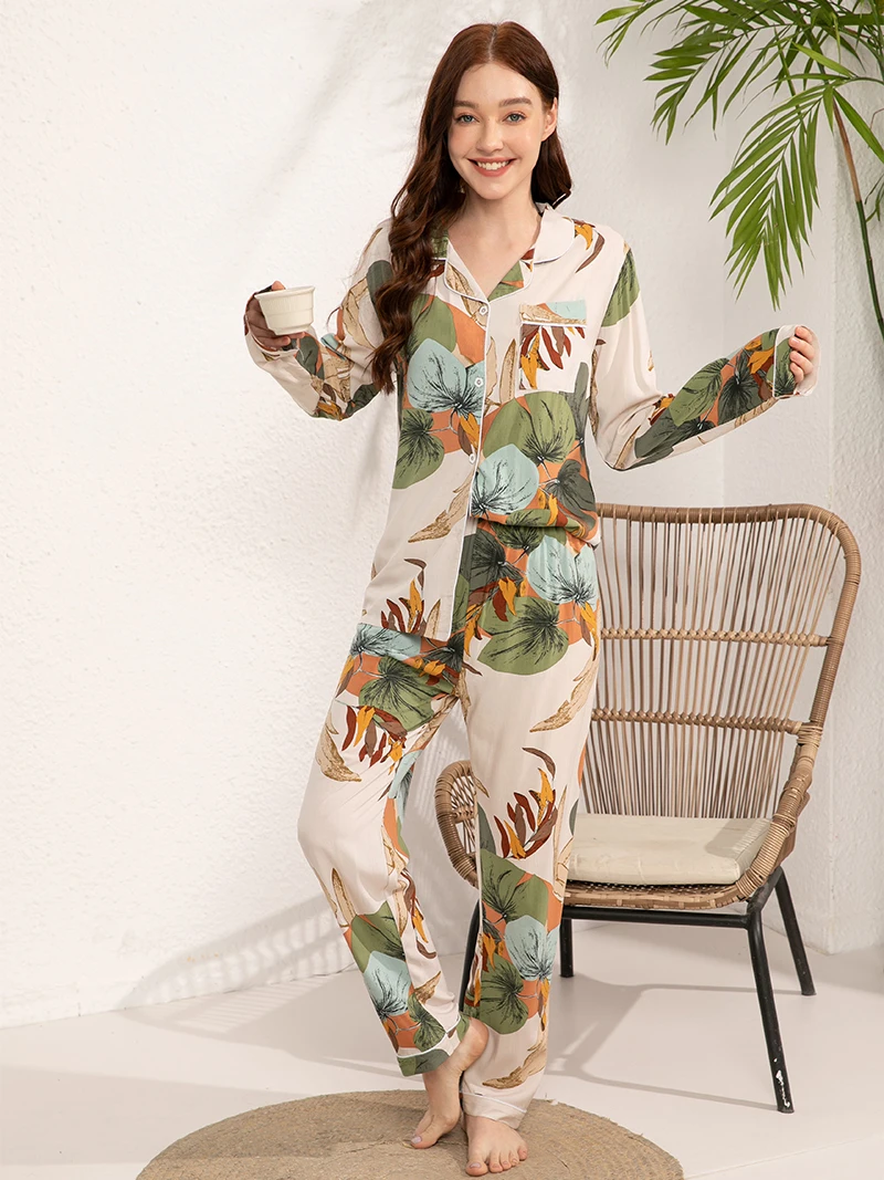 Women Pajamas Set for Spring and Autumn Long -Sleeved Plus Size S-3XL 100% Viscose  Loose Nightwear Suit Pajamas Sleepwear