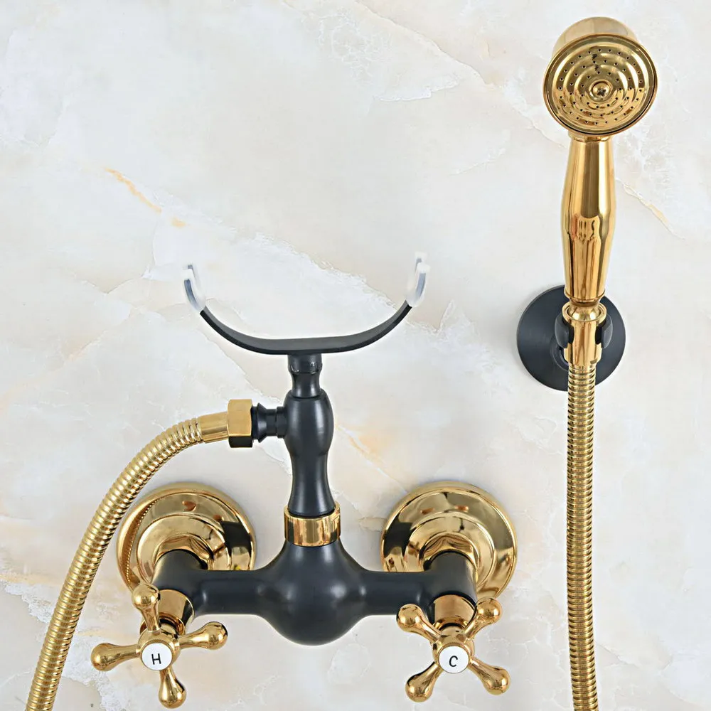 

Gold & Black Brass Wall Mounted Bathroom Hand Shower Faucet Set with 150CM Hose Handheld Spray Head Mixer Tap Dna539