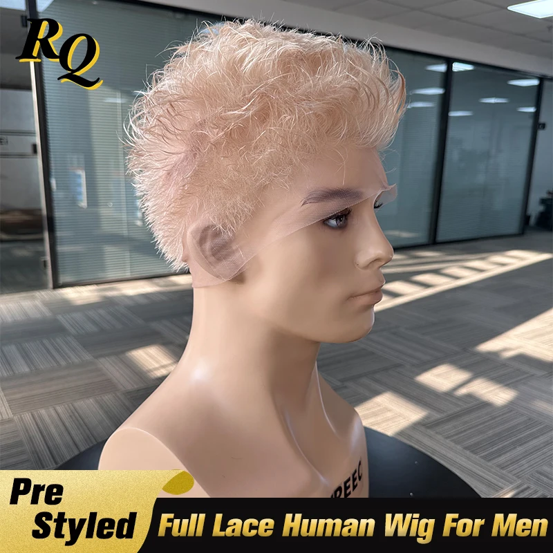 Pre Styled Blonde Color Full Lace Wigs For Men Transparent Lace Wigs Mens Toupee Hair System Replacement Male Fashion Hair Style