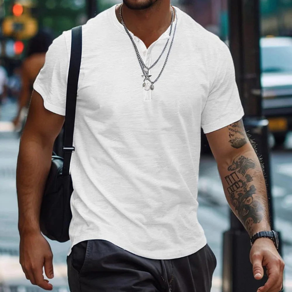 Camiseta de manga corta de algodón de verano para hombre, camisa Henry de Color sólido, camisetas ajustadas para hombre