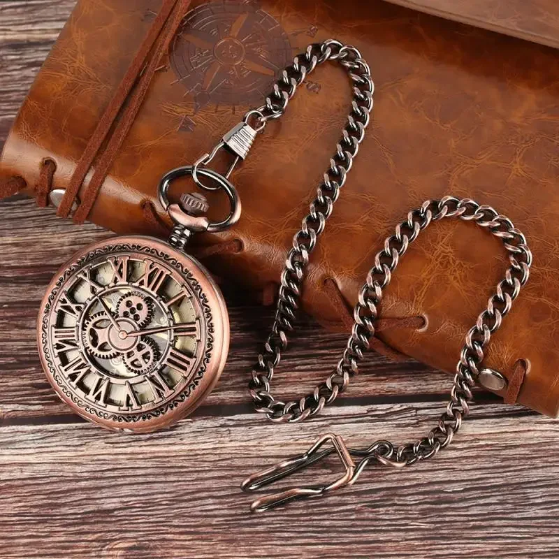 Classic Hollow Rose Gold Gear Design Men Women Hand Winding Mechanical Pocket Watch Retro Clock Fob Pendant Chain Timepiece