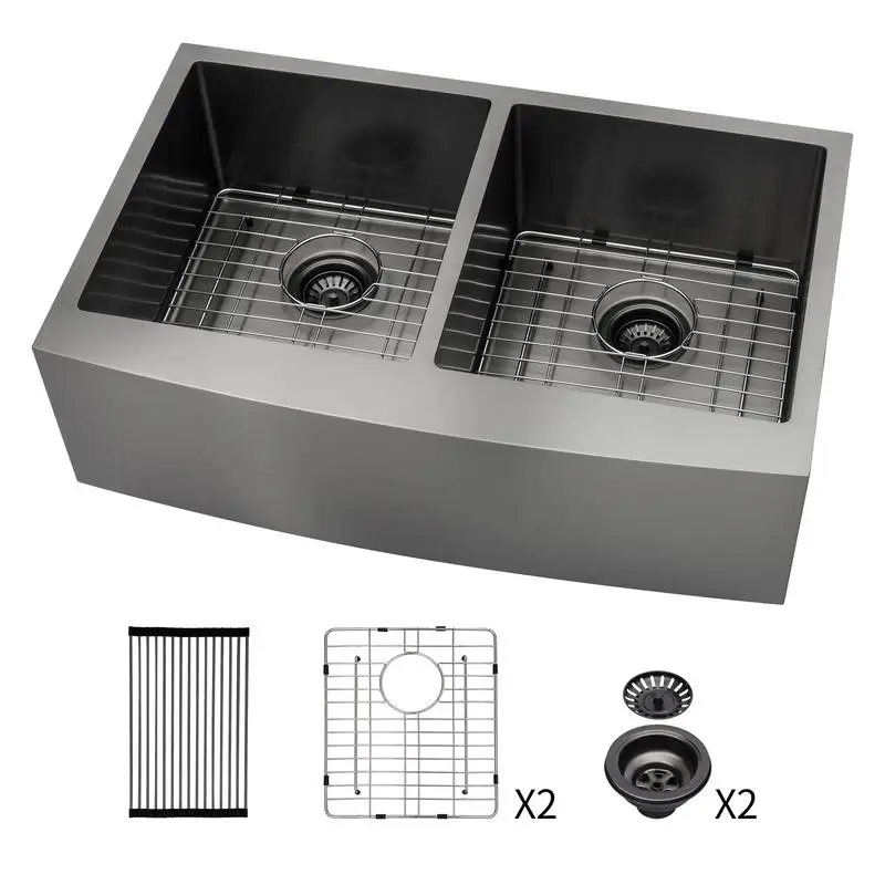 

36x21x10 Gunmetal Black Double Bowl Farmhouse Sink - 16 Gauge Stainless Steel Apron Front Kitchen Sink with Two 10-inch Deep