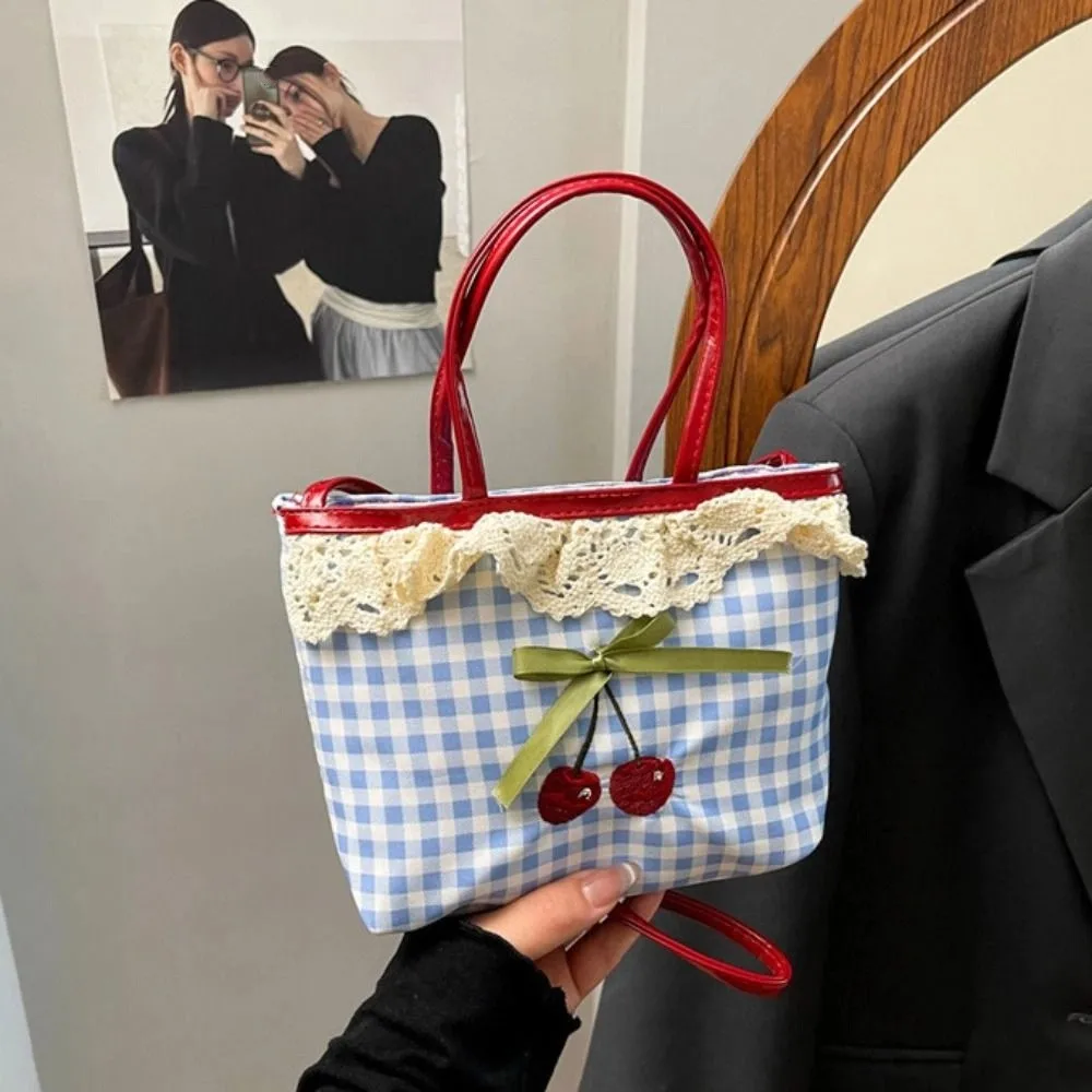 

Portable Polka Dot Lattice Cherry Handbag Bowknot Lovely Lace Plaid Handbag Leisure Commuting Sweet Crossbody Bag Gifts