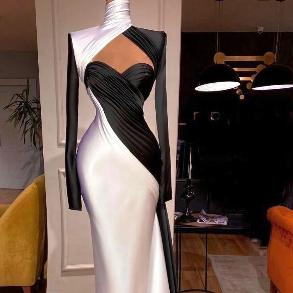 Color Matching Satin Evening Dresses White and Black Latest Design High Collar Long Sleeves Prom Party Dresses Mermaid Gowns