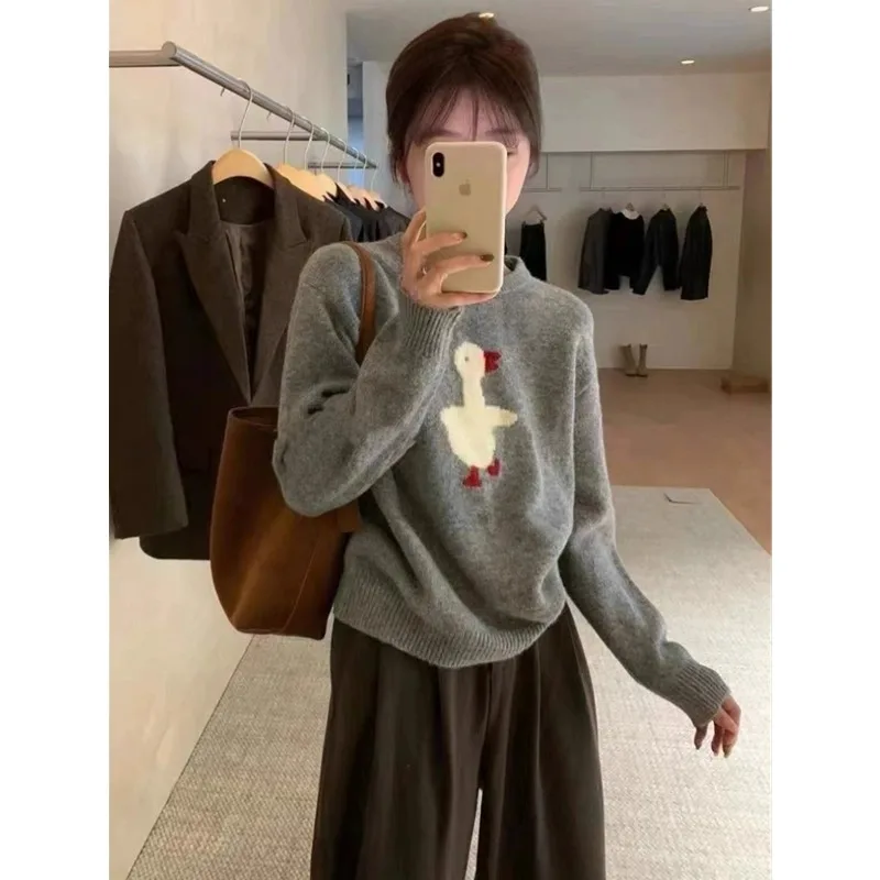 Korean round neck pure cashmere sweater female cartoon ducklings jacquard autumn and winter new loose sweater base sweater