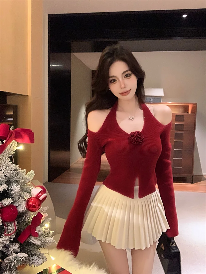 

Красный вязаный топ с 3D-цветами, открытыми плечами и завязками на шее, женский, весенний, приталенный, с цветочным принтом, в сексуальном стиле, длинный рукав