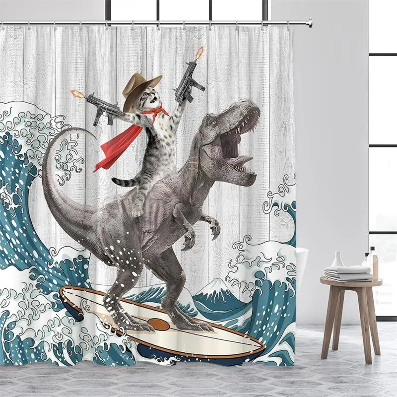 Funny Cat Riding Dinosaur Shower Curtains Sea Waves Starry Sky Sharks Birds Creative Kids Bath Curtain Polyester Bathroom Decor