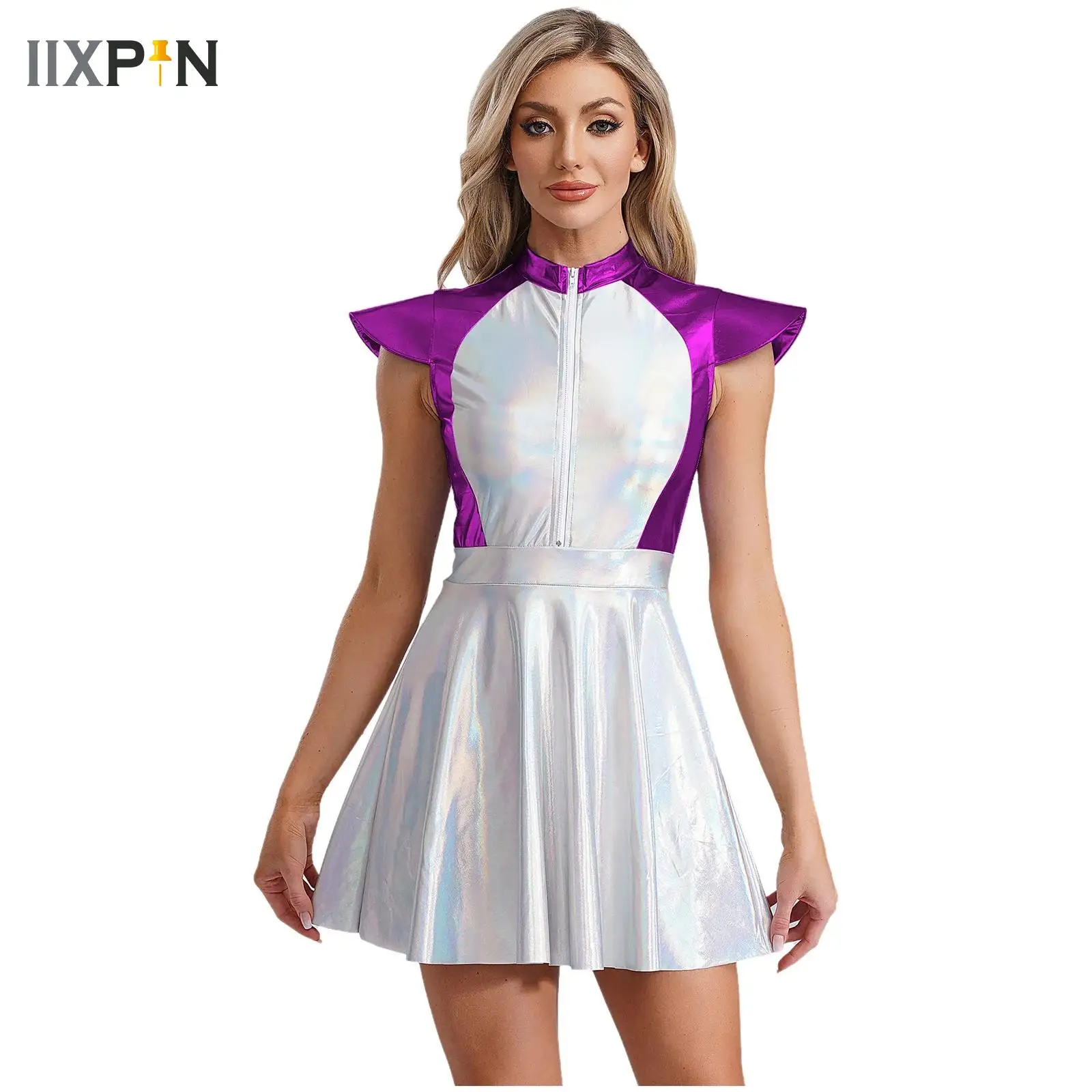 

Women Shiny Alien Outerspace Halloween Cosplay Costume Cap Sleeve Glittering A Line Tutu Dance Dress for Future World Party