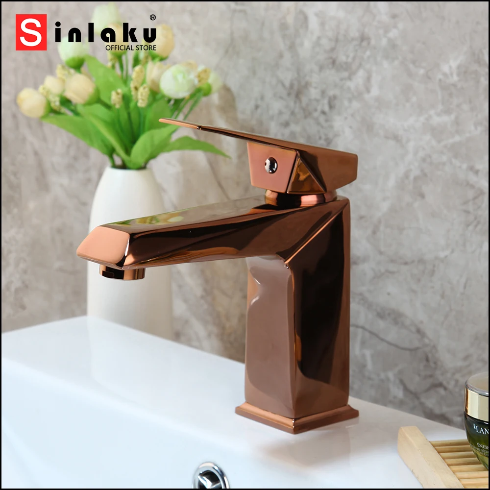 

SINLAKU Bathroom Basin Faucet Rose Golden Deck Mounted Vogue Stream Single Handle Control With Hot And Cold Water Mixer Taps