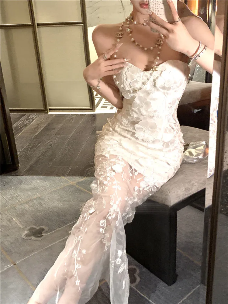 

Embroidery Flower White Strapless Sexy Long Banquet Dress Luxury Celebrity Slash Neck Mesh Patchwork Pencil Evening Party Dress