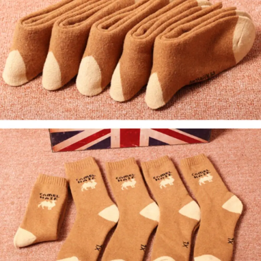 5 Pairs Mid Length Cotton Socks Breathable Camel Hair Unisex Autumn Winter Extra Thick Loops Warm Solid Color Sports Casual Sock