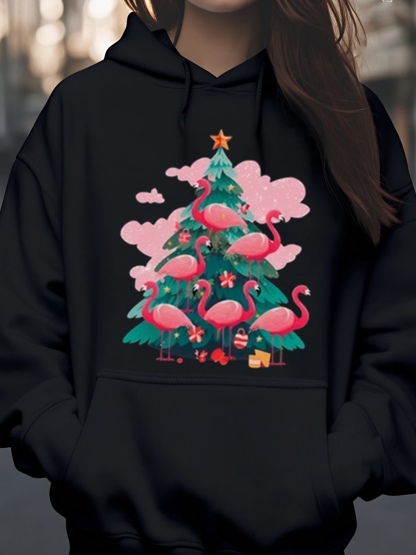 

Праздничная толстовка с принтом рождественской елки фламинго, повседневная одежда, женская мода