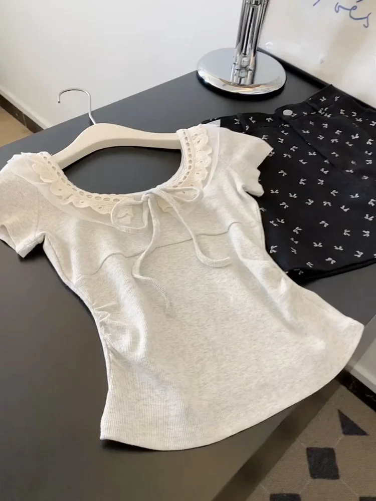 

Korean Sle Lace Splice ort Sve T-irt Women's Design Sensation Anti-Aging Slimming Slimming Charming Base Top