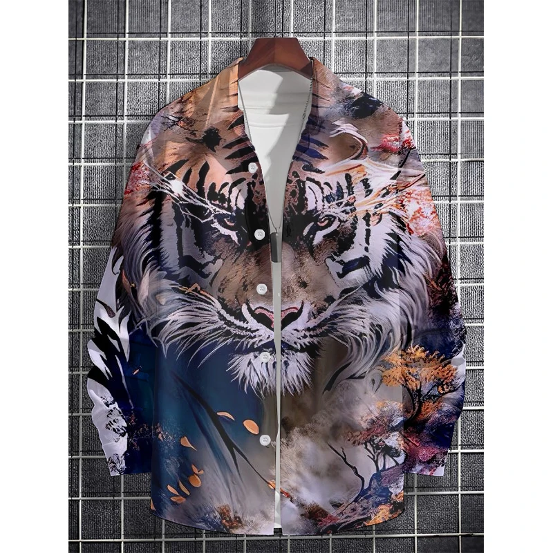 Lapel Men\'s Tiger Shirt Novelty HD Printing Long Sleeve Shirt Summer Fashion Casual Spring Sports Outdoor Light Comfortable