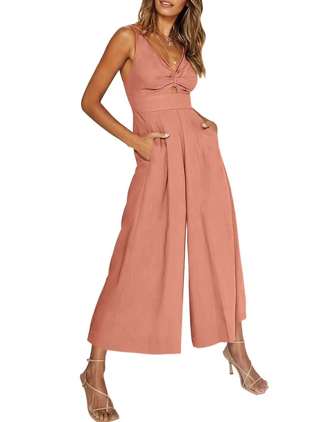 Women Sexy Backless V Neck Hollow Sleeveless Elegant Wide Leg Jumpsuit 2023 Summer Fashion Solid Slim Pockets High Waist Rompers