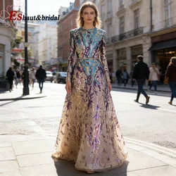 Elegant Muslim Sequin Evening Dress for Women 2026 O Neck Long Sleeves A-Line Sparkle Formal Prom Wedding Party Gown Customized