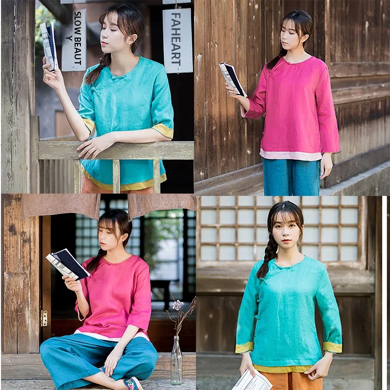 

Retro Artistic Button up Top Color Block Long Sleeve Linen Cotton Tea Costume Women's Fashionable Slim Fit round Neck Shirt