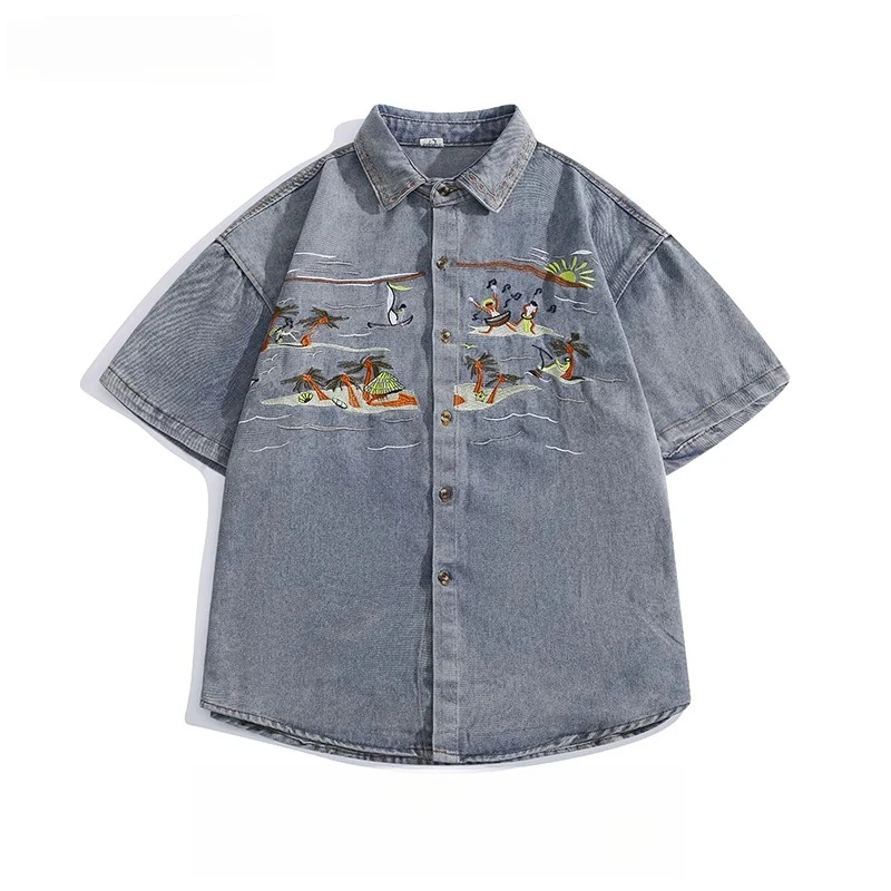 

Unisex Vintage Tropical Embroidered Denim Shirt - Short Sleeve with Palm Tree & Boat Designs | Resort Casual Summer Essential