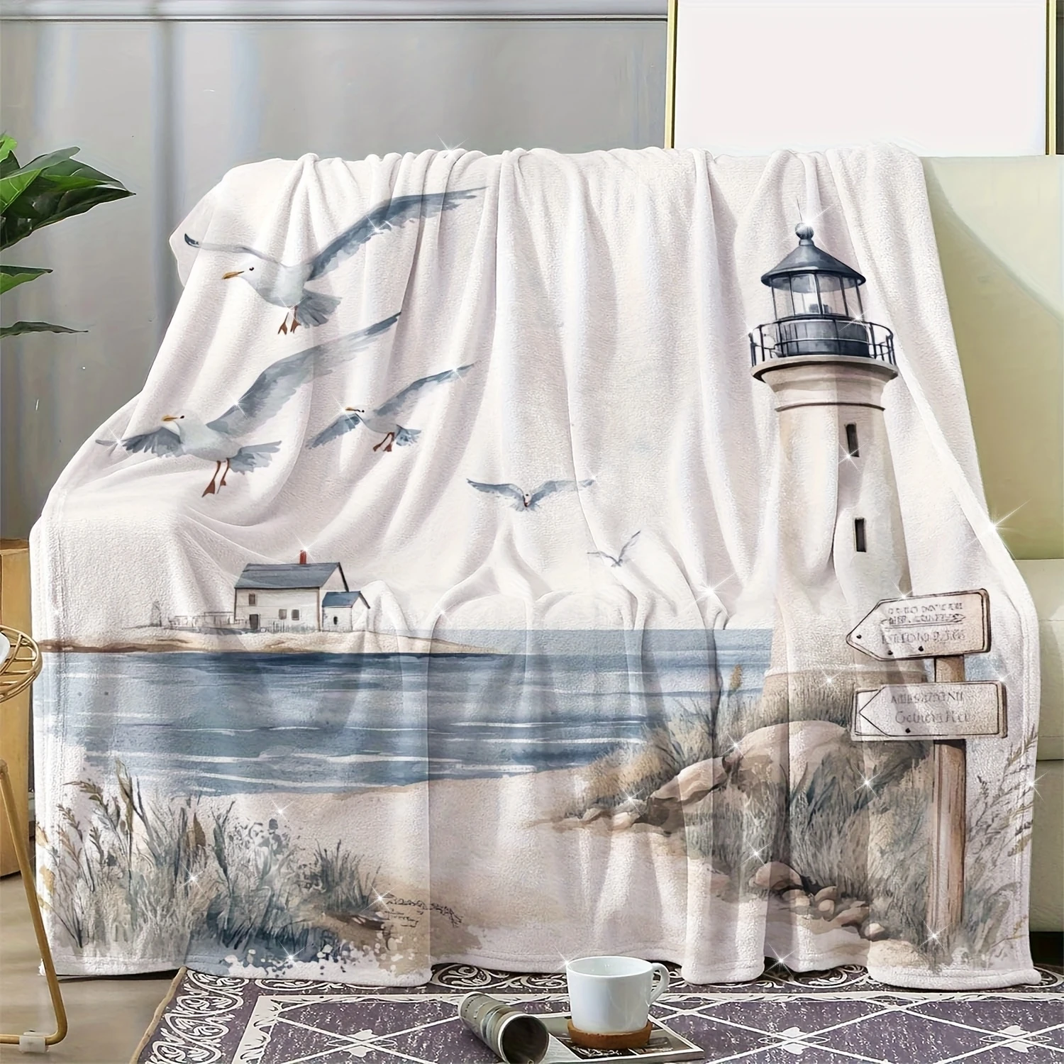 Nautical Lighthouse Coastal Beach Throw Blanket Watercolor Art Ocean Seaside Decor Cozy Throw for Living Room Home Gift