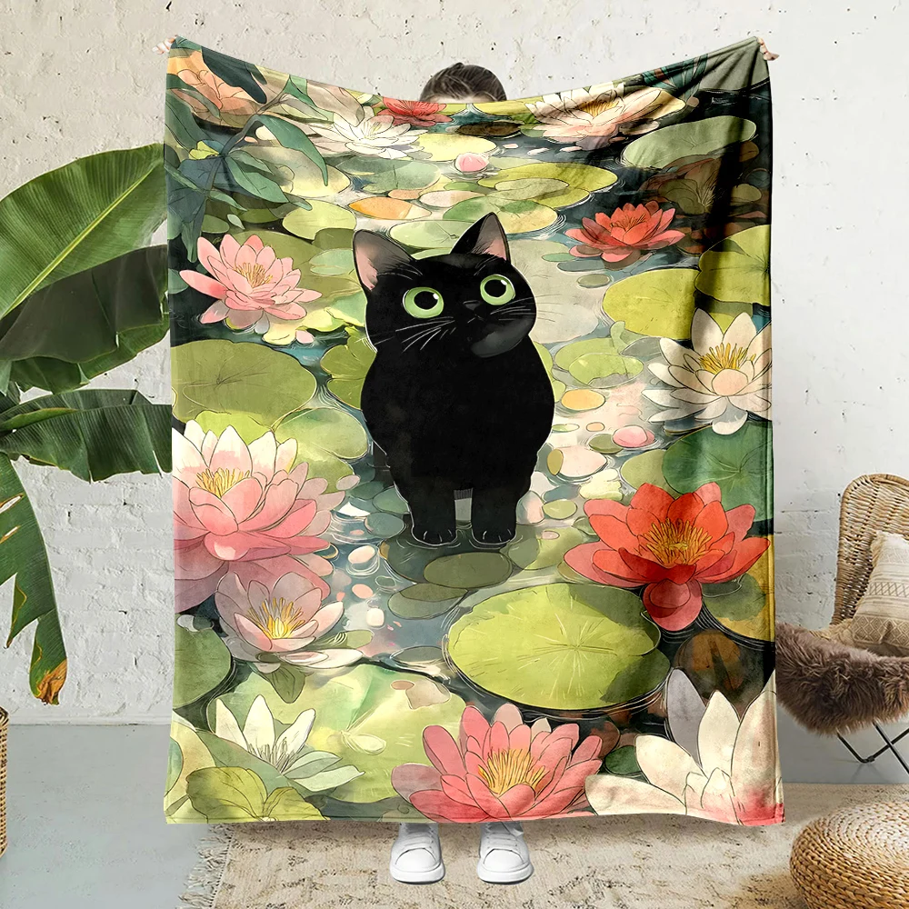 1PC Black cat amid waterlilies Print Blanket Warm Soft Fluffy Kids and Adult Sofa Bed Throw Blanket Outdoor Travel Camping RV