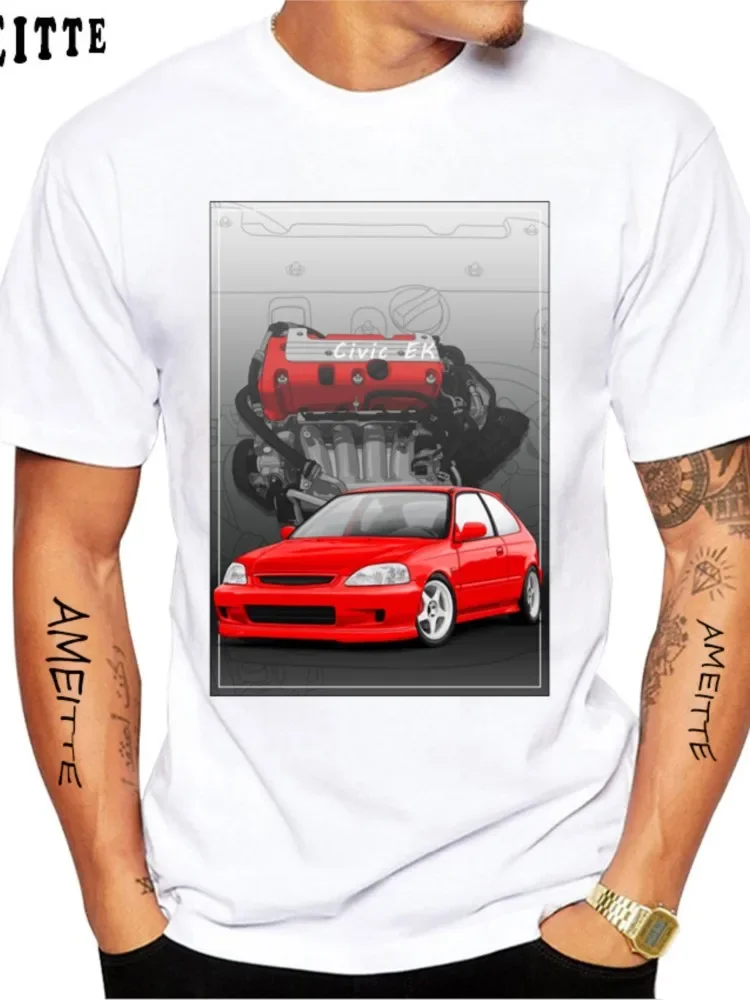 Civic EK hatch with a K20 Engine Classic T-Shirt Summer Men Short Sleeve Vintage Hip Hop Boy Casual Tops JDM Classic White Tees