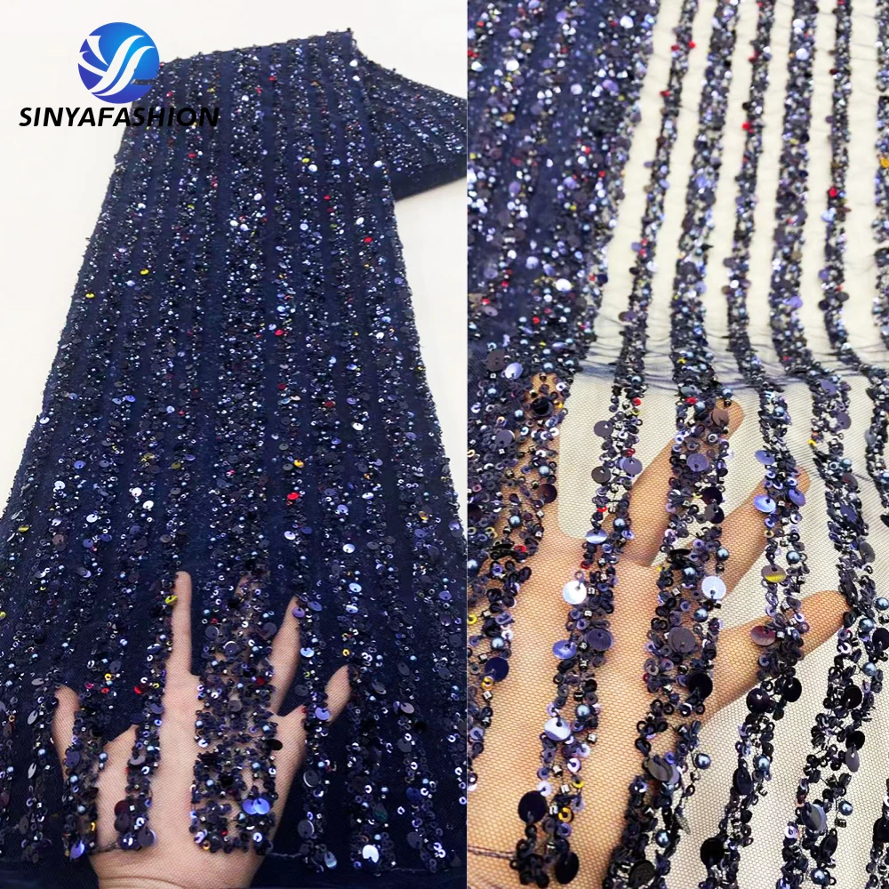 

Sinya Luxury Handmade Beaded Lace Fabric African Nigerian Navy Blue Wedding Bridal French Sequins Pearls Lace DIY Dress Material