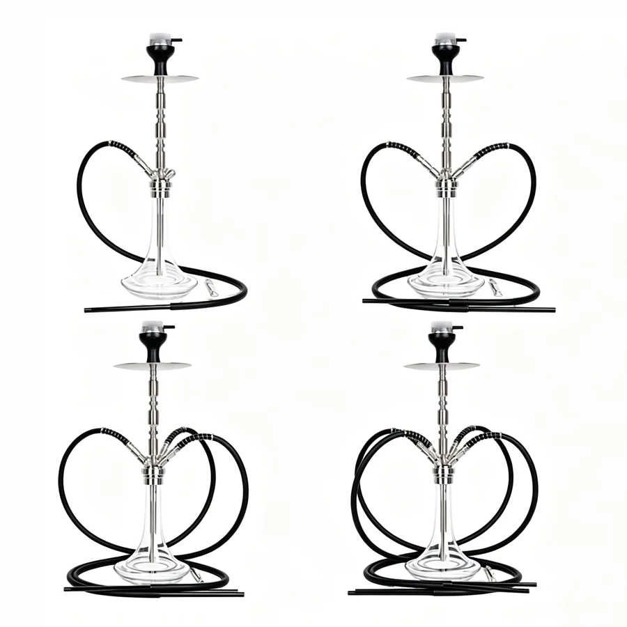 Premium 3.0 Version Stainless Steel Hookah Shisha Kit 1‑4 Hoses Glass Vase Nargileh Complete Hookah Set For Bar Lounge Party Use