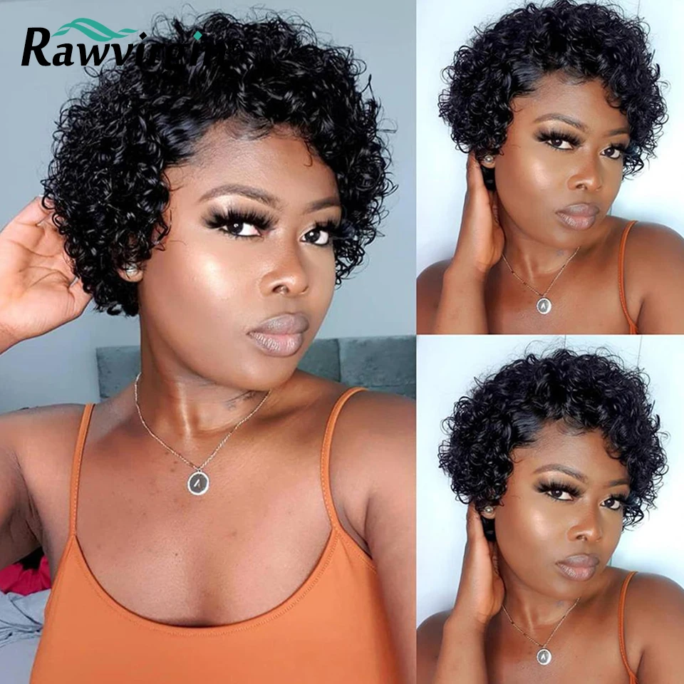 

Natural Black Colored Short Curly Pixie Cut Lace Wig Pre plucked Curly bob Wig 13x1 Lace Front Curly Human Hair Wigs For Women