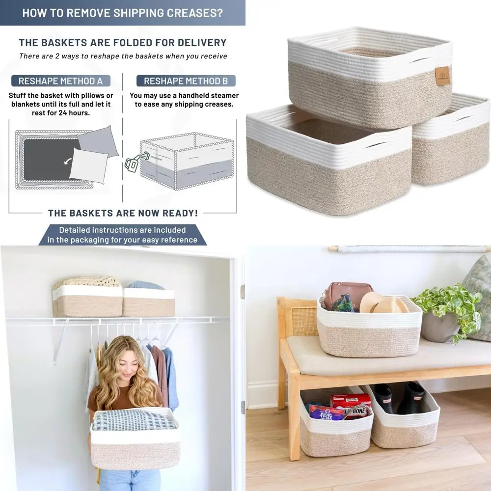 

Set of 3 Cotton Rope Storage Baskets, 16.8x13x7.6, for Home Organization, Toys, Laundry, and More