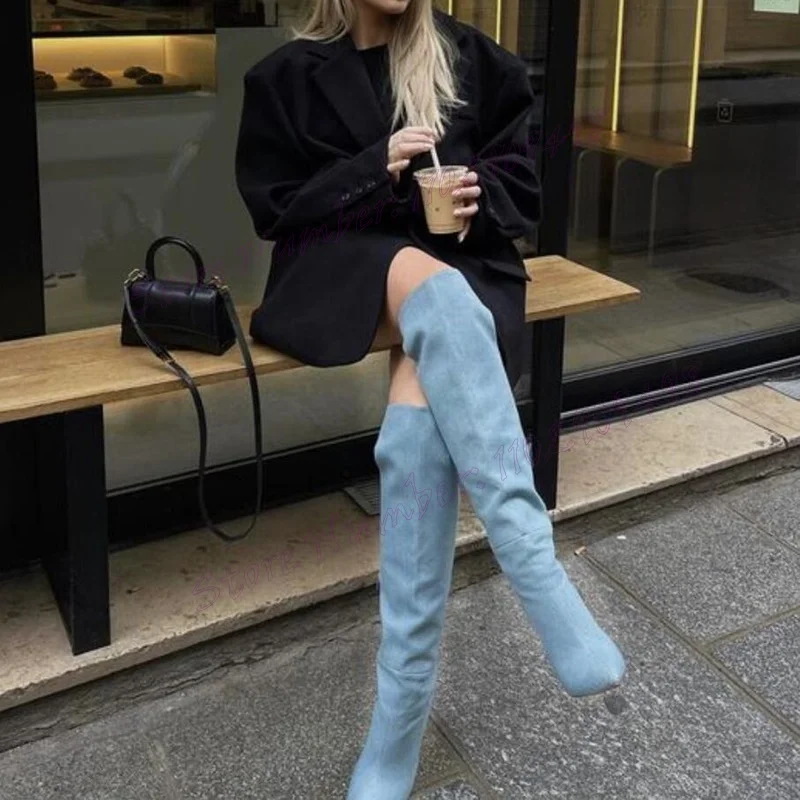 Blue Denim Knee High Boots Pointed Toe Shoes for Women Stilettos High Heels Evening Party Shoes 2024 Zapatos Para Mujere