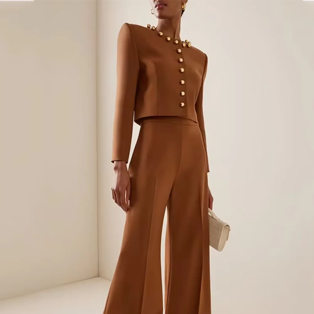 

Женский костюм в современном стиле, прямой уникальный дизайн, однобортный модный наряд с круглым вырезом, комплект из двух предметов, элегантный женский костюм