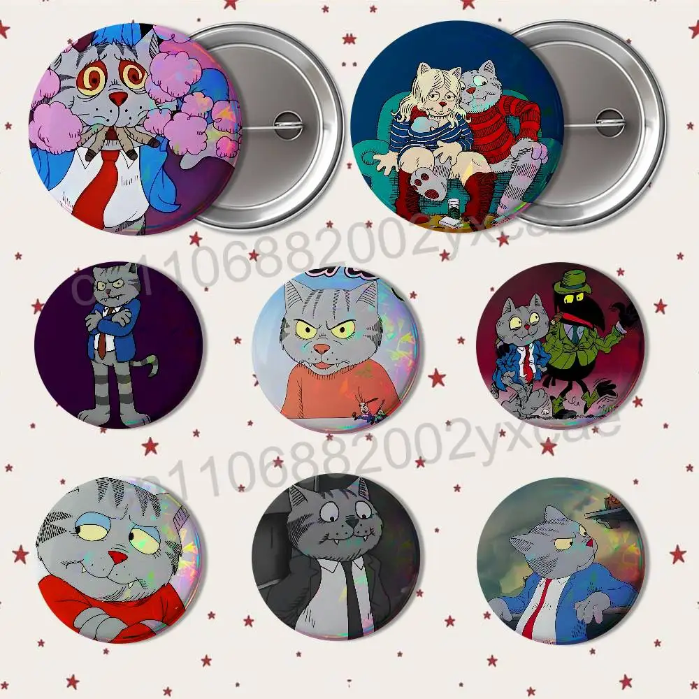 

cartoon Cat Gato Fritz Laser reflective round badges pins bag clothing decorations collectibles gifts for friends