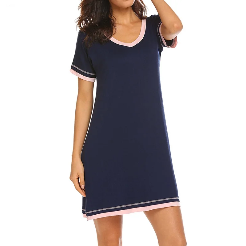 Comfortable Round Neck Loose Contrast Color Cotton Short-sleeved Home Loungewear Ladies Nightdress Multicolor