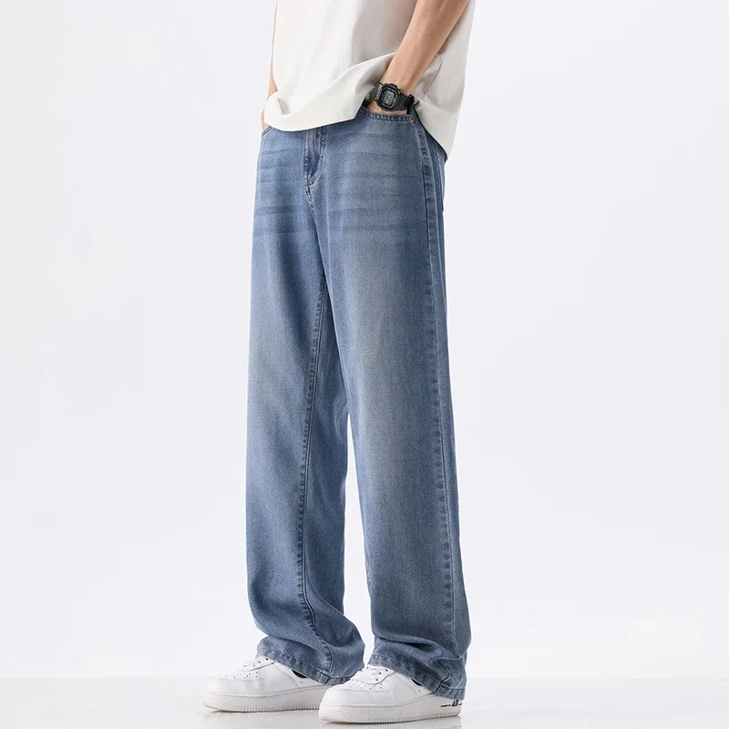 جديد المضادة للتجاعيد لينة ليسلر الجينز الرجال رقيقة فضفاضة مستقيم موضة الكورية مريحة واسعة السراويل الدنيم السراويل الرجال الشارع الشهير