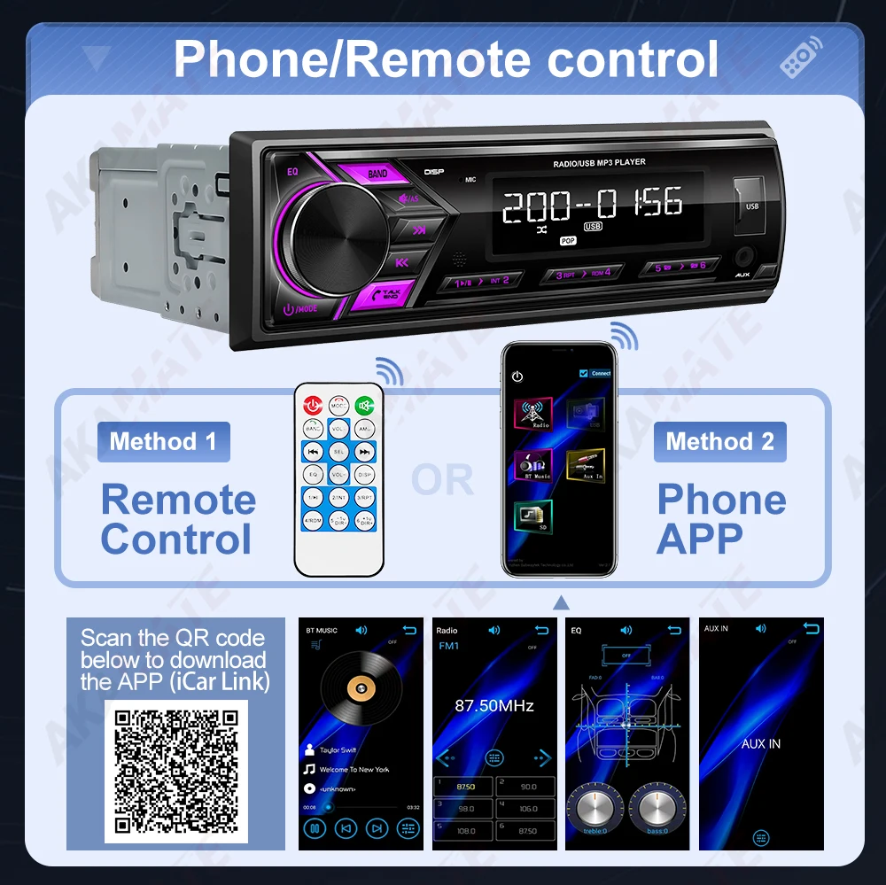 1din Car Radio MP3 Player Audio Multimedia FM Radio Support Phone Charging Bluetooth EQ AUX USB Universal