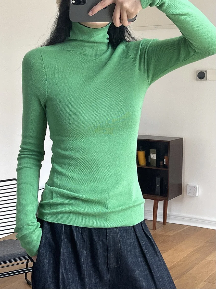 Wool Blended Fine Knit High Neck Sweater Slim Light Weight Turtleneck Tops Green