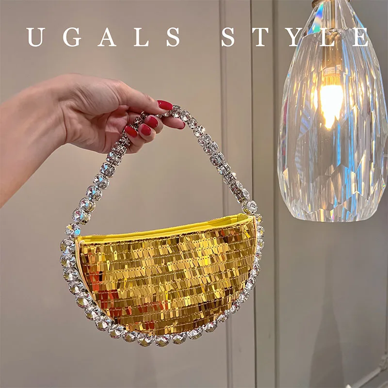 

UGALS Shiny Gold Diamond Sequin Half round Evening Party Crystal Fish Scale Bead Clutch Bag Elegant Lady Sweet Style Soft Han...