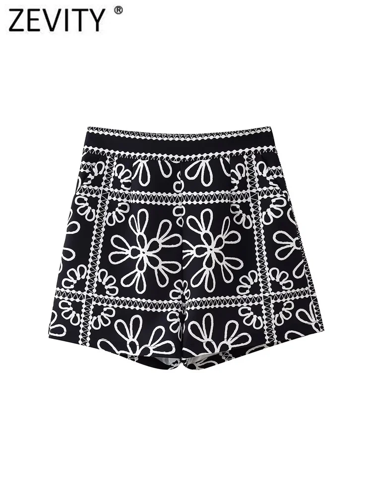 ZEVITY 2024 moda damska biały kwiatowy Print obcisłe spodenki Lady boczny zamek błyskawiczny gorące spodenki Chic Pantalone Cortos P6291