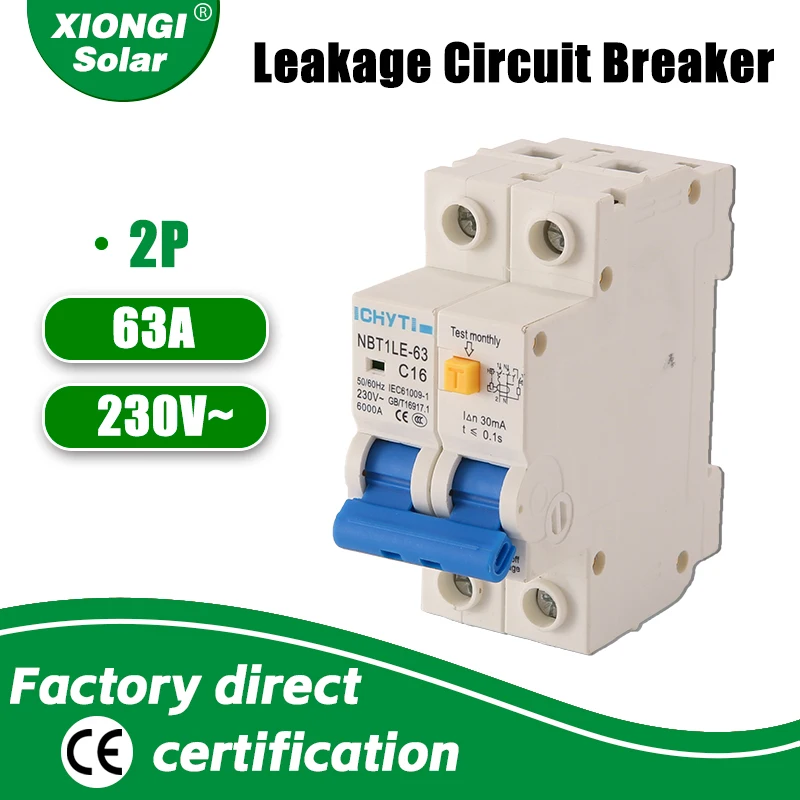 XIONGISOLAR 230V 1P+N Residual Current Circuit Breaker With Over And Short Current Leakage Protection RCBO MCB 6-63A