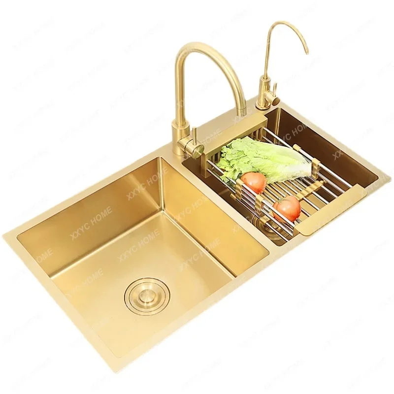 Nano Gold 304 Stainless Steel Sink Vegetable Basin Double Slot Kitchen Household Sink Manual Thickened Washing Vegetables Basin