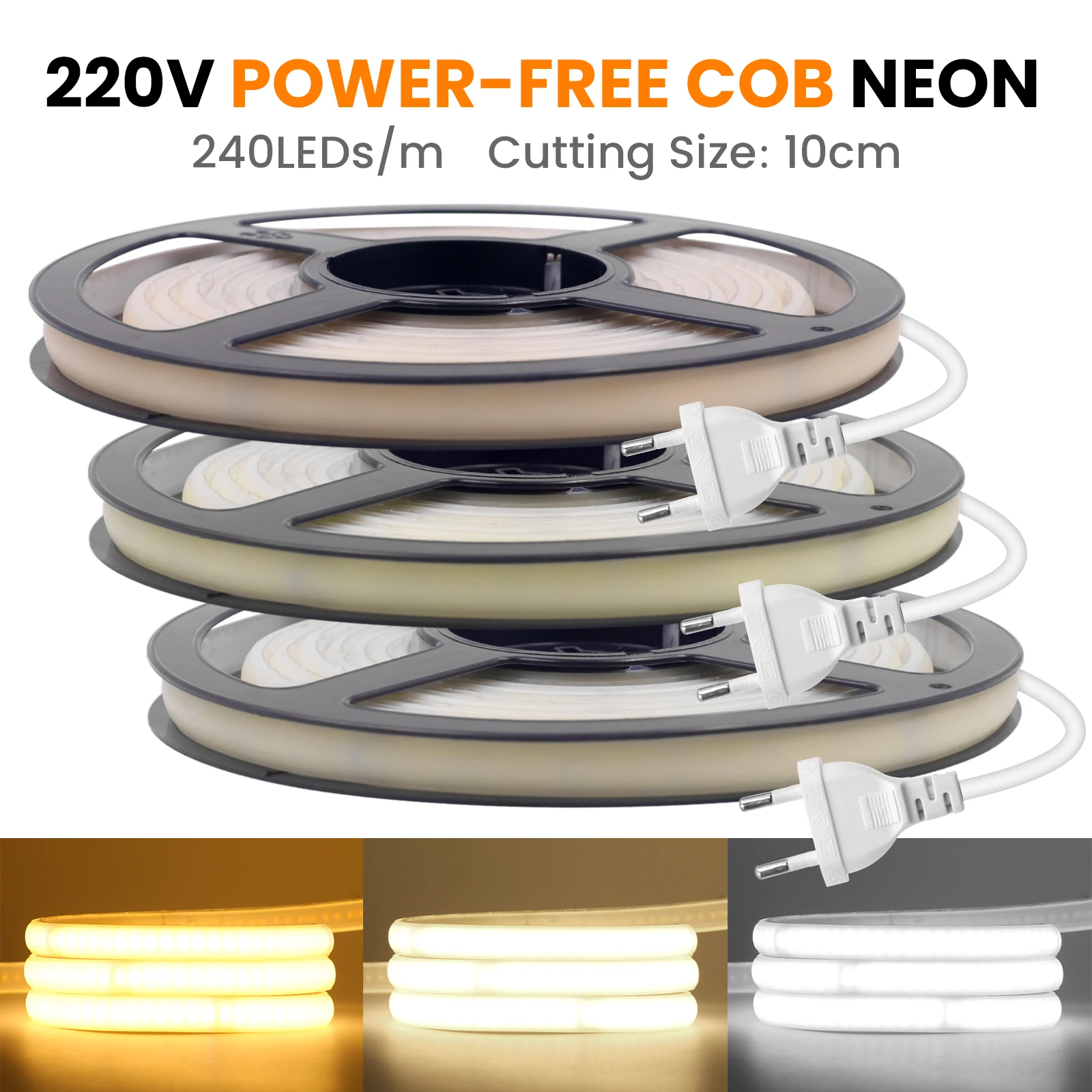 230V COB Strip LED Neon Light With IC 240LEDs/M IP65 Warm/Neutral/White FOB Flexible Adhesive Tape Ribbon Lamp 2Pin Wire EU Plug
