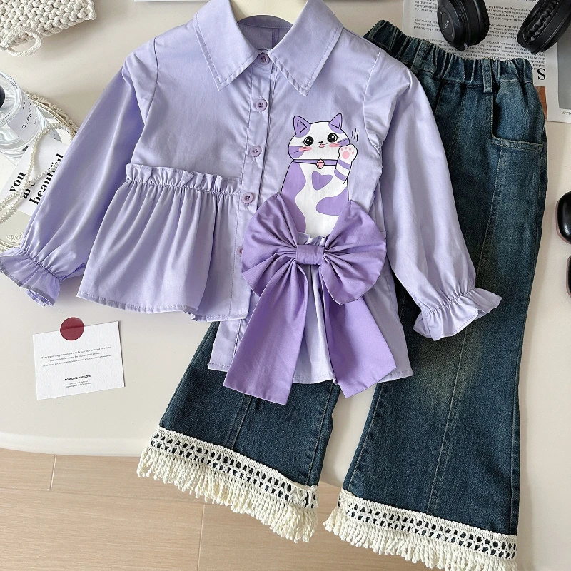 Girls' Suit 2024 Autumn New Korean Girls' Purple Kitten Print Irregular Shirt + Slim Denim Trousers Two-piece Set 2-8yrs